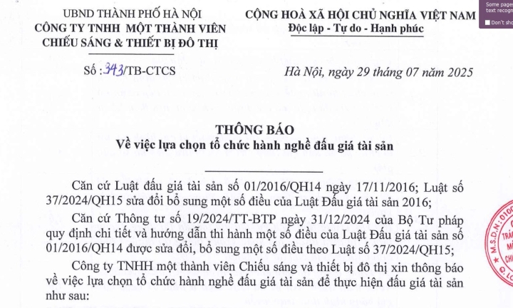 Thông báo về việc lựa chọn tổ chức hành nghề đấu giá tài sản
